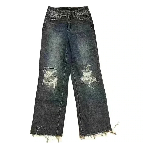 Judy Blue Straight Fit Distressed Denim Jeans Size 3 / 26 Dark Wash Stretchy - Picture 1 of 7